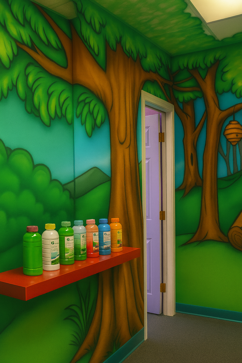 Colorful mural of a forest with shelves displaying bottles against a green wall.