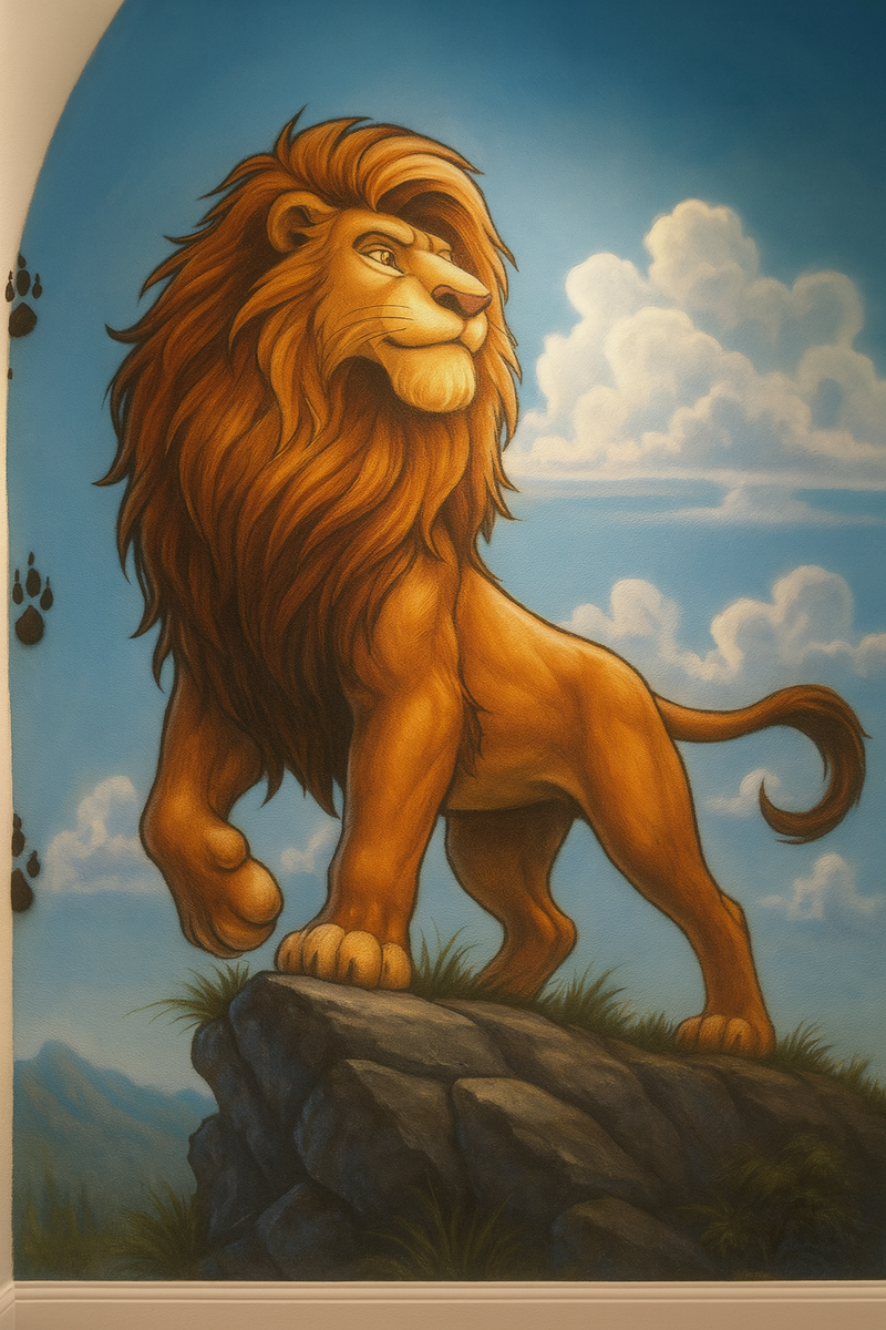 Lion standing on a rock with a blue sky and clouds in the background