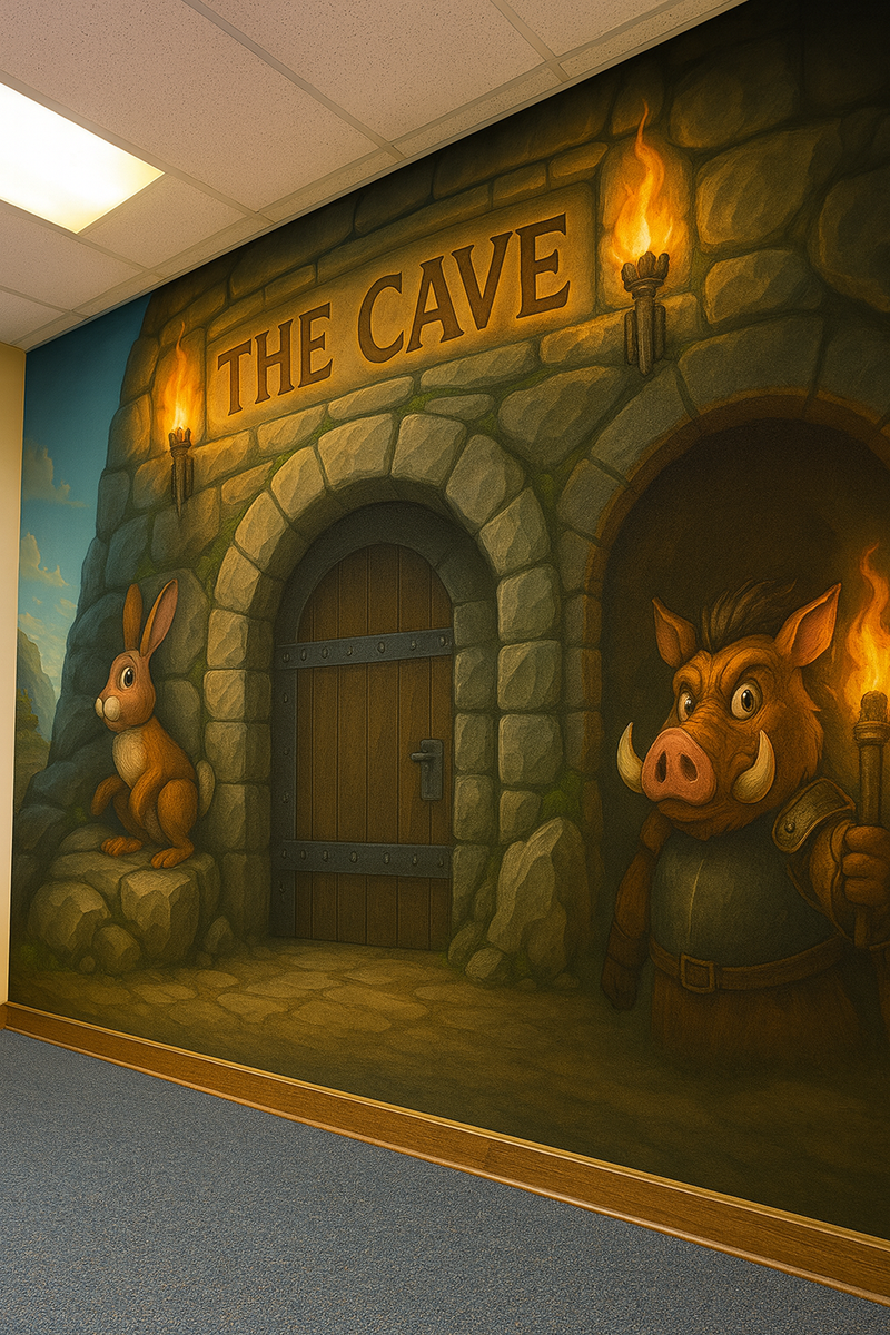 Wall mural of 'The Cave' with a rabbit and boar character holding a torch.