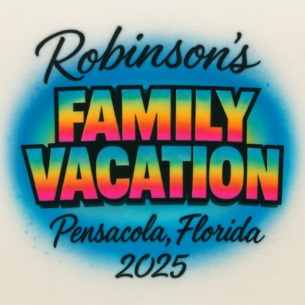 Colorful 'Robinson's Family Vacation Pensacola, Florida 2025' text design on a light background