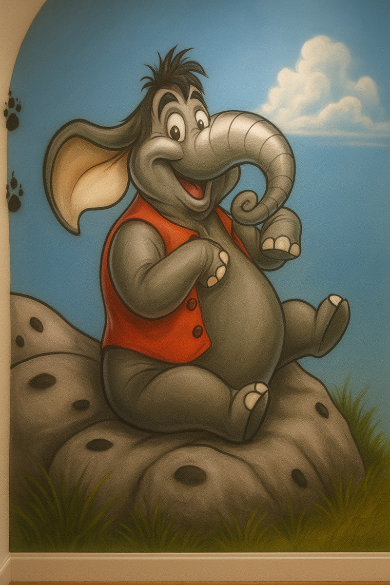 Cartoon elephant in an orange vest sitting on a rock with a blue sky background