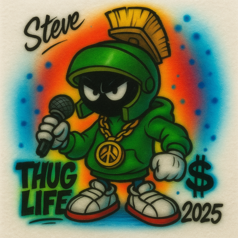 Cartoon character in a green hoodie with a microphone, 'THUG LIFE' text, and '$2025' on a colorful background.